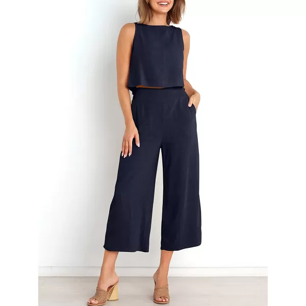 imageANRABESS Womens Summer 2 Piece Outfits Sleeveless Tank Crop Button Back Top Cropped Wide Leg Pants Set PocketsNavy Blue