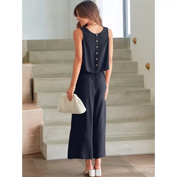 imageANRABESS Womens Summer 2 Piece Outfits Sleeveless Tank Crop Button Back Top Cropped Wide Leg Pants Set PocketsNavy Blue