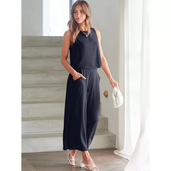 imageANRABESS Womens Summer 2 Piece Outfits Sleeveless Tank Crop Button Back Top Cropped Wide Leg Pants Set PocketsNavy Blue