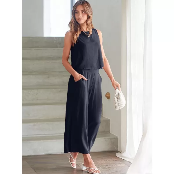 imageANRABESS Womens Summer 2 Piece Outfits Sleeveless Tank Crop Button Back Top Cropped Wide Leg Pants Set PocketsNavy Blue