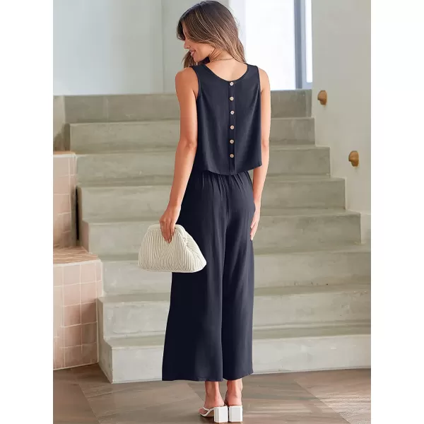 imageANRABESS Womens Summer 2 Piece Outfits Sleeveless Tank Crop Button Back Top Cropped Wide Leg Pants Set PocketsNavy Blue