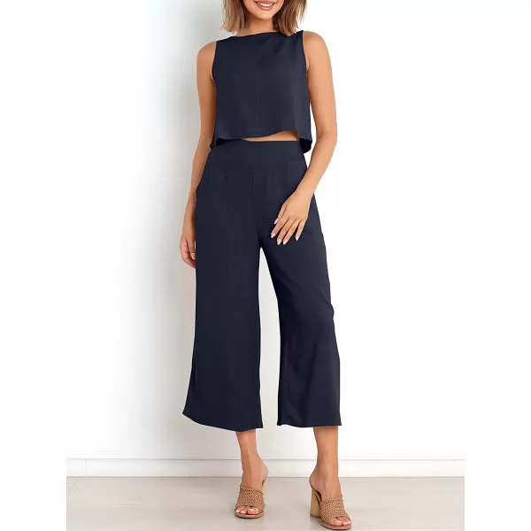 imageANRABESS Womens Summer 2 Piece Outfits Sleeveless Tank Crop Button Back Top Cropped Wide Leg Pants Set PocketsNavy Blue