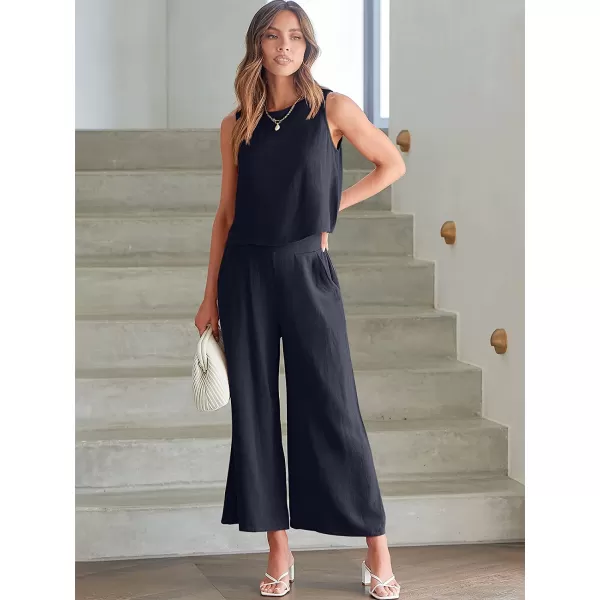 imageANRABESS Womens Summer 2 Piece Outfits Sleeveless Tank Crop Button Back Top Cropped Wide Leg Pants Set PocketsNavy Blue