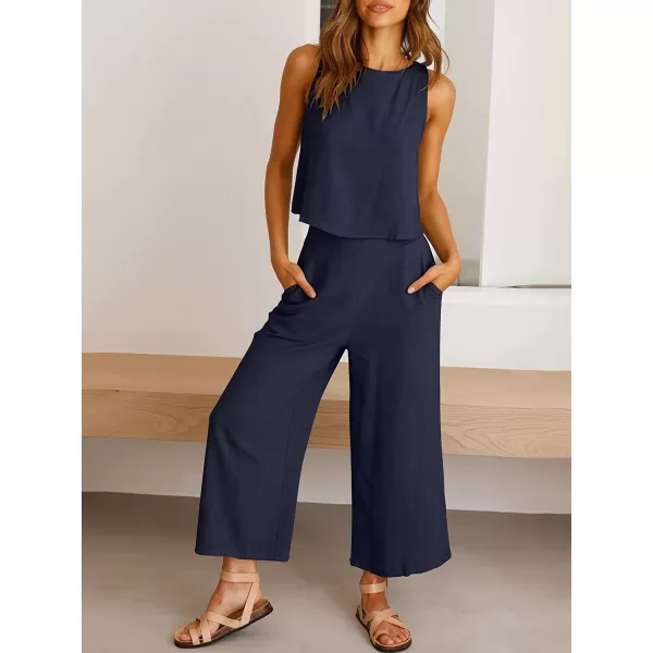 imageANRABESS Womens Summer 2 Piece Outfits Sleeveless Tank Crop Button Back Top Cropped Wide Leg Pants Set PocketsNavy Blue