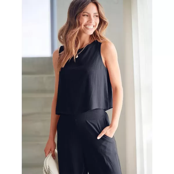 imageANRABESS Womens Summer 2 Piece Outfits Sleeveless Tank Crop Button Back Top Cropped Wide Leg Pants Set PocketsNavy Blue