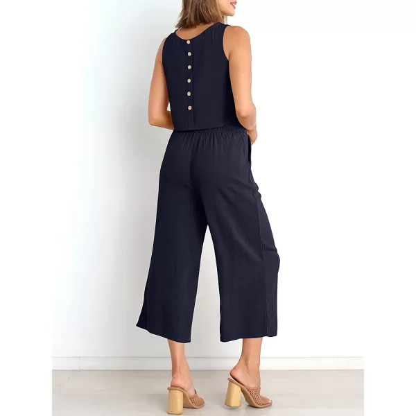 imageANRABESS Womens Summer 2 Piece Outfits Sleeveless Tank Crop Button Back Top Cropped Wide Leg Pants Set PocketsNavy Blue