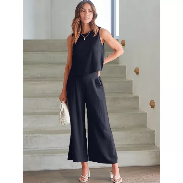 imageANRABESS Womens Summer 2 Piece Outfits Sleeveless Tank Crop Button Back Top Cropped Wide Leg Pants Set PocketsNavy Blue