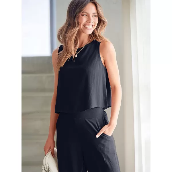 imageANRABESS Womens Summer 2 Piece Outfits Sleeveless Tank Crop Button Back Top Cropped Wide Leg Pants Set PocketsNavy Blue
