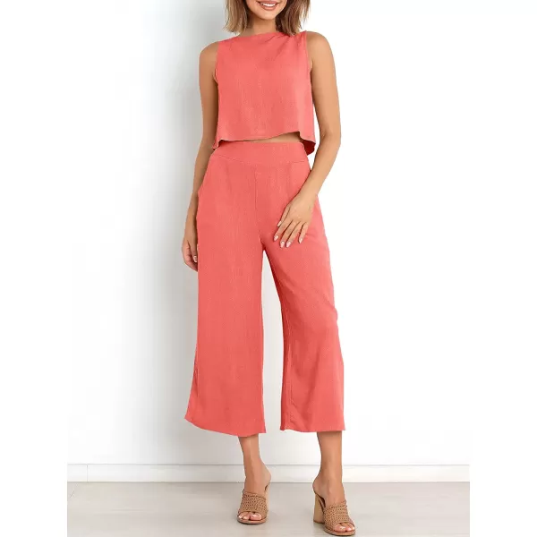 imageANRABESS Womens Summer 2 Piece Outfits Sleeveless Tank Crop Button Back Top Cropped Wide Leg Pants Set PocketsPeach