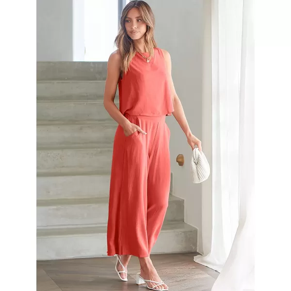 imageANRABESS Womens Summer 2 Piece Outfits Sleeveless Tank Crop Button Back Top Cropped Wide Leg Pants Set PocketsPeach