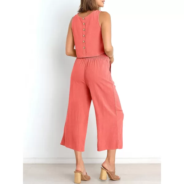 imageANRABESS Womens Summer 2 Piece Outfits Sleeveless Tank Crop Button Back Top Cropped Wide Leg Pants Set PocketsPeach