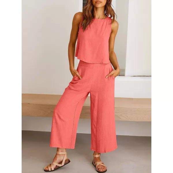 imageANRABESS Womens Summer 2 Piece Outfits Sleeveless Tank Crop Button Back Top Cropped Wide Leg Pants Set PocketsPeach