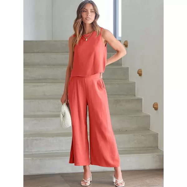 imageANRABESS Womens Summer 2 Piece Outfits Sleeveless Tank Crop Button Back Top Cropped Wide Leg Pants Set PocketsPeach