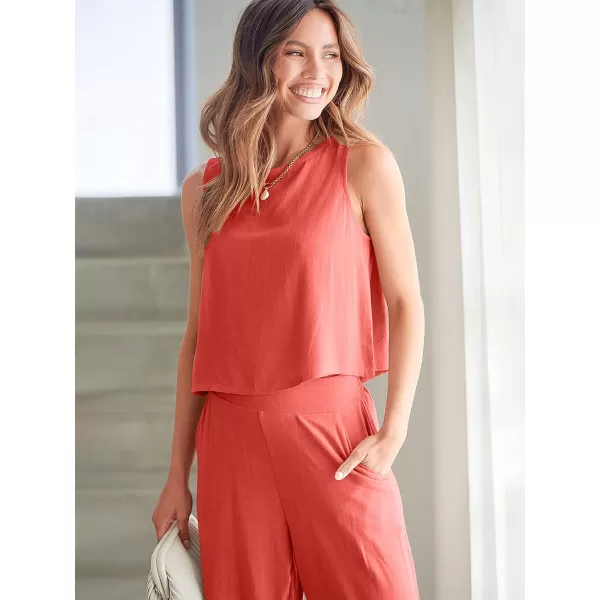 imageANRABESS Womens Summer 2 Piece Outfits Sleeveless Tank Crop Button Back Top Cropped Wide Leg Pants Set PocketsPeach