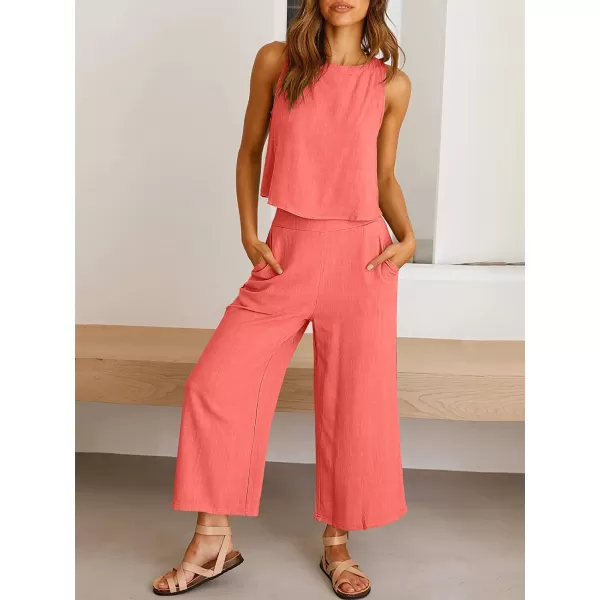 imageANRABESS Womens Summer 2 Piece Outfits Sleeveless Tank Crop Button Back Top Cropped Wide Leg Pants Set PocketsPeach