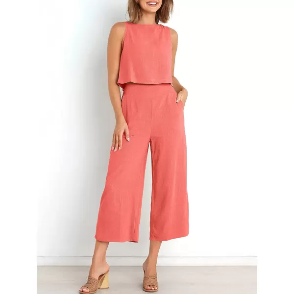 imageANRABESS Womens Summer 2 Piece Outfits Sleeveless Tank Crop Button Back Top Cropped Wide Leg Pants Set PocketsPeach