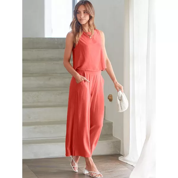 imageANRABESS Womens Summer 2 Piece Outfits Sleeveless Tank Crop Button Back Top Cropped Wide Leg Pants Set PocketsPeach