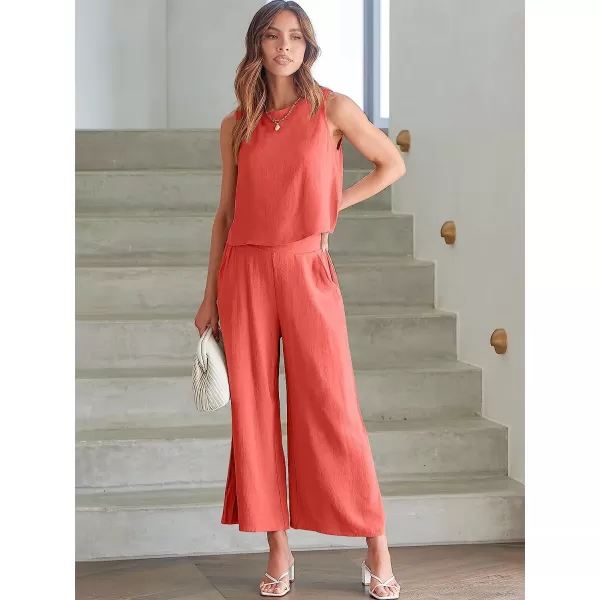imageANRABESS Womens Summer 2 Piece Outfits Sleeveless Tank Crop Button Back Top Cropped Wide Leg Pants Set PocketsPeach