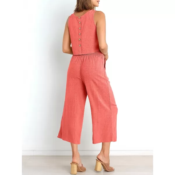 imageANRABESS Womens Summer 2 Piece Outfits Sleeveless Tank Crop Button Back Top Cropped Wide Leg Pants Set PocketsPeach