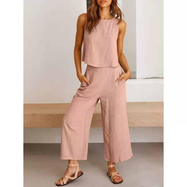 imageANRABESS Womens Summer 2 Piece Outfits Sleeveless Tank Crop Button Back Top Cropped Wide Leg Pants Set PocketsPink