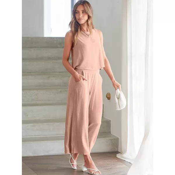imageANRABESS Womens Summer 2 Piece Outfits Sleeveless Tank Crop Button Back Top Cropped Wide Leg Pants Set PocketsPink