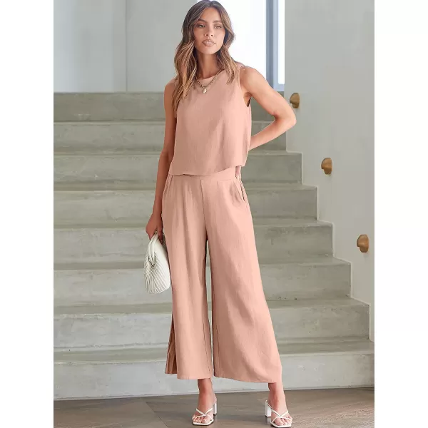 imageANRABESS Womens Summer 2 Piece Outfits Sleeveless Tank Crop Button Back Top Cropped Wide Leg Pants Set PocketsPink