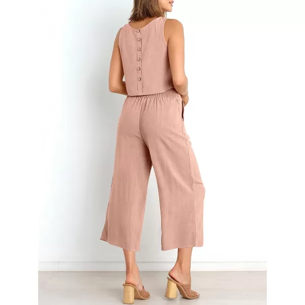 imageANRABESS Womens Summer 2 Piece Outfits Sleeveless Tank Crop Button Back Top Cropped Wide Leg Pants Set PocketsPink