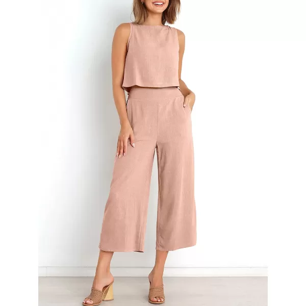 imageANRABESS Womens Summer 2 Piece Outfits Sleeveless Tank Crop Button Back Top Cropped Wide Leg Pants Set PocketsPink