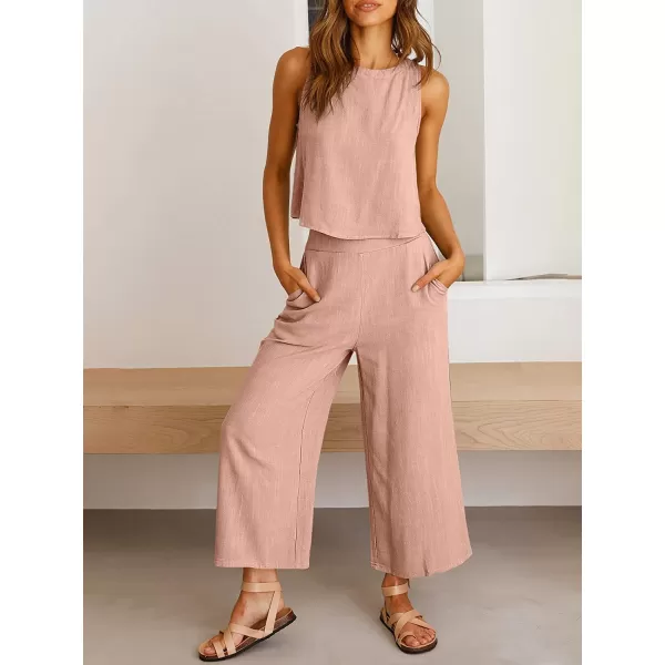 imageANRABESS Womens Summer 2 Piece Outfits Sleeveless Tank Crop Button Back Top Cropped Wide Leg Pants Set PocketsPink