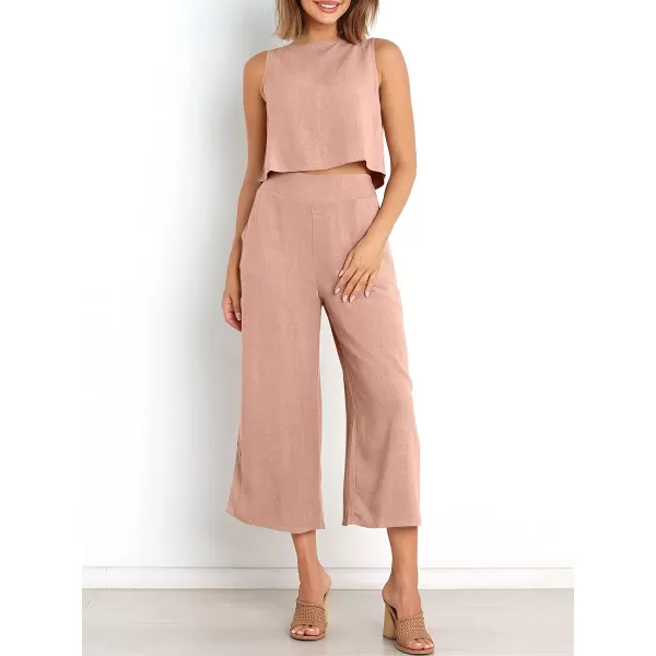 imageANRABESS Womens Summer 2 Piece Outfits Sleeveless Tank Crop Button Back Top Cropped Wide Leg Pants Set PocketsPink