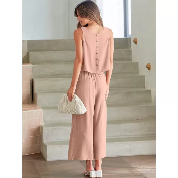 imageANRABESS Womens Summer 2 Piece Outfits Sleeveless Tank Crop Button Back Top Cropped Wide Leg Pants Set PocketsPink