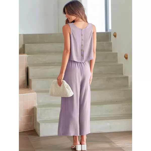 imageANRABESS Womens Summer 2 Piece Outfits Sleeveless Tank Crop Button Back Top Cropped Wide Leg Pants Set PocketsPurple