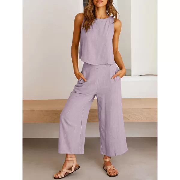 imageANRABESS Womens Summer 2 Piece Outfits Sleeveless Tank Crop Button Back Top Cropped Wide Leg Pants Set PocketsPurple