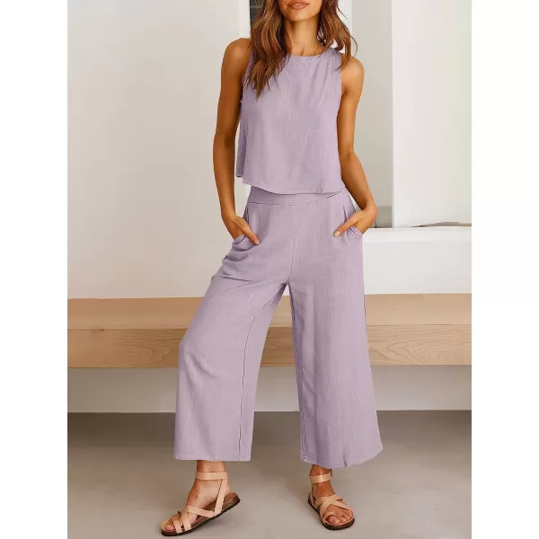 imageANRABESS Womens Summer 2 Piece Outfits Sleeveless Tank Crop Button Back Top Cropped Wide Leg Pants Set PocketsPurple