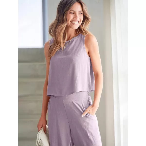 imageANRABESS Womens Summer 2 Piece Outfits Sleeveless Tank Crop Button Back Top Cropped Wide Leg Pants Set PocketsPurple