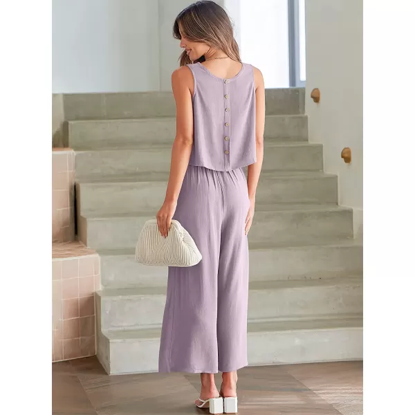 imageANRABESS Womens Summer 2 Piece Outfits Sleeveless Tank Crop Button Back Top Cropped Wide Leg Pants Set PocketsPurple