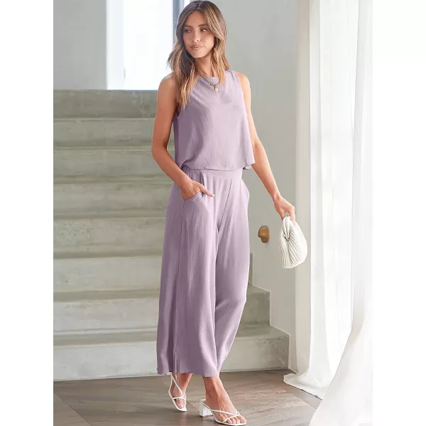 imageANRABESS Womens Summer 2 Piece Outfits Sleeveless Tank Crop Button Back Top Cropped Wide Leg Pants Set PocketsPurple