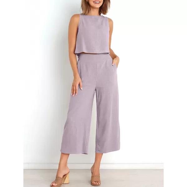 imageANRABESS Womens Summer 2 Piece Outfits Sleeveless Tank Crop Button Back Top Cropped Wide Leg Pants Set PocketsPurple