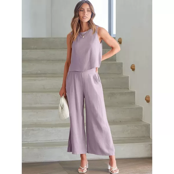 imageANRABESS Womens Summer 2 Piece Outfits Sleeveless Tank Crop Button Back Top Cropped Wide Leg Pants Set PocketsPurple