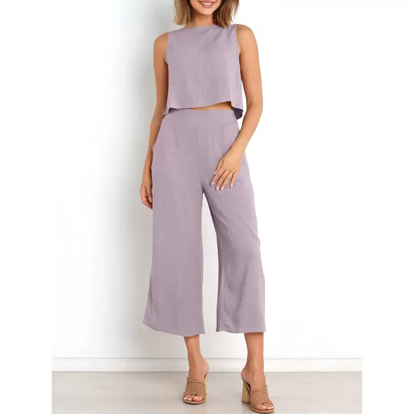 imageANRABESS Womens Summer 2 Piece Outfits Sleeveless Tank Crop Button Back Top Cropped Wide Leg Pants Set PocketsPurple
