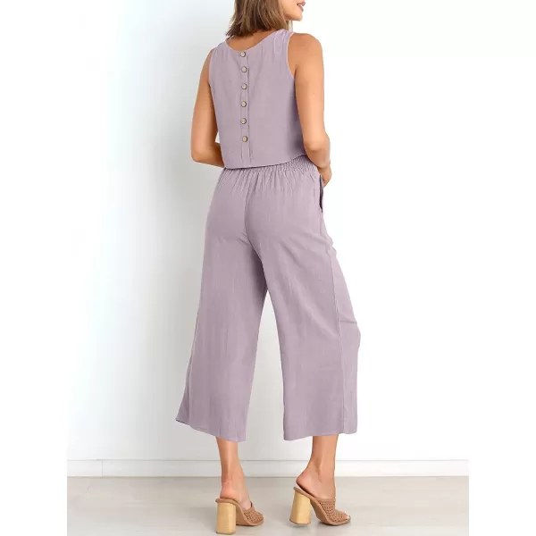 imageANRABESS Womens Summer 2 Piece Outfits Sleeveless Tank Crop Button Back Top Cropped Wide Leg Pants Set PocketsPurple