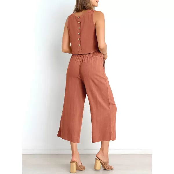 imageANRABESS Womens Summer 2 Piece Outfits Sleeveless Tank Crop Button Back Top Cropped Wide Leg Pants Set PocketsRust