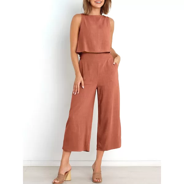 imageANRABESS Womens Summer 2 Piece Outfits Sleeveless Tank Crop Button Back Top Cropped Wide Leg Pants Set PocketsRust