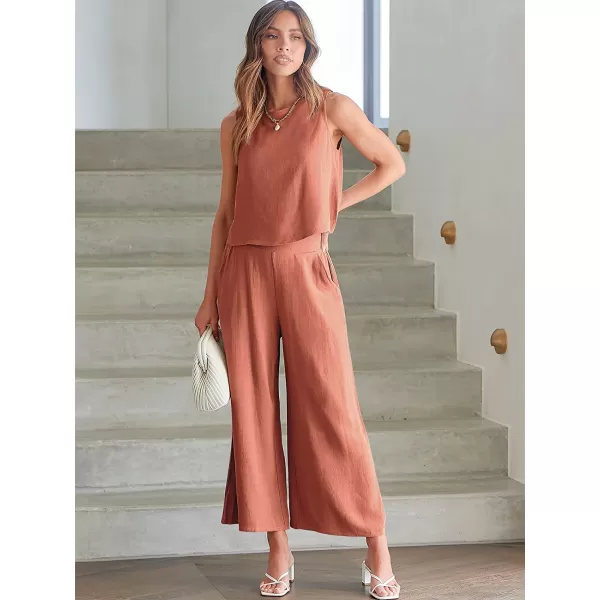 imageANRABESS Womens Summer 2 Piece Outfits Sleeveless Tank Crop Button Back Top Cropped Wide Leg Pants Set PocketsRust