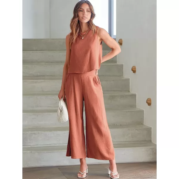 imageANRABESS Womens Summer 2 Piece Outfits Sleeveless Tank Crop Button Back Top Cropped Wide Leg Pants Set PocketsRust