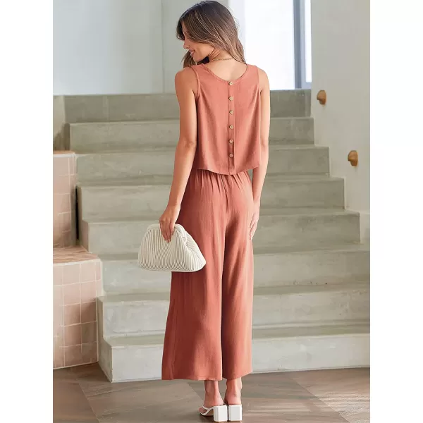 imageANRABESS Womens Summer 2 Piece Outfits Sleeveless Tank Crop Button Back Top Cropped Wide Leg Pants Set PocketsRust