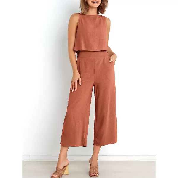 imageANRABESS Womens Summer 2 Piece Outfits Sleeveless Tank Crop Button Back Top Cropped Wide Leg Pants Set PocketsRust