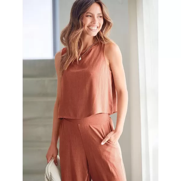 imageANRABESS Womens Summer 2 Piece Outfits Sleeveless Tank Crop Button Back Top Cropped Wide Leg Pants Set PocketsRust
