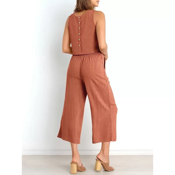 imageANRABESS Womens Summer 2 Piece Outfits Sleeveless Tank Crop Button Back Top Cropped Wide Leg Pants Set PocketsRust