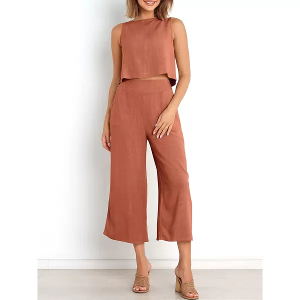 imageANRABESS Womens Summer 2 Piece Outfits Sleeveless Tank Crop Button Back Top Cropped Wide Leg Pants Set PocketsRust